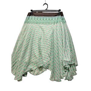 Boho Handkerchief Skirt Asymmetrical Hem Green Print Flowy Festival Size S